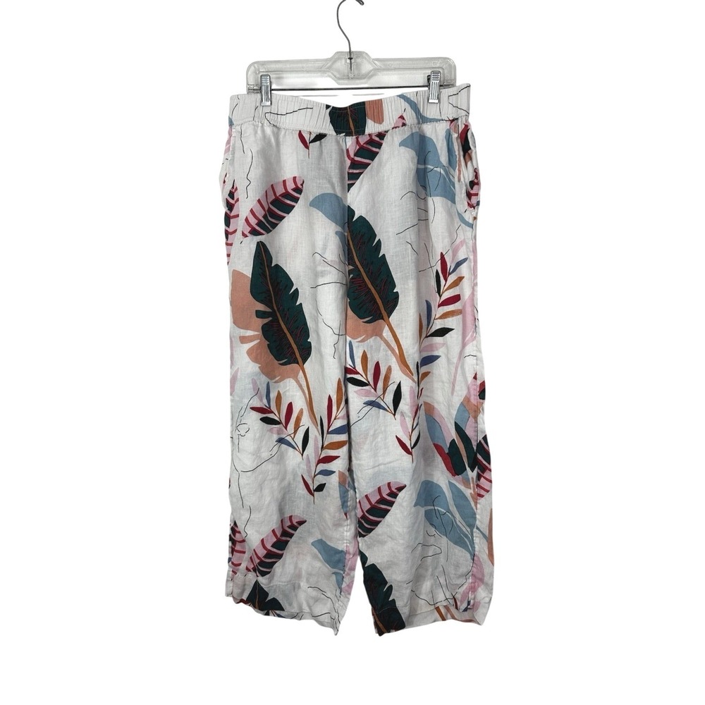 Cynthia Rowley 100% Linen Pants Womens 1X White Tropical Wide Leg Crop Pull On